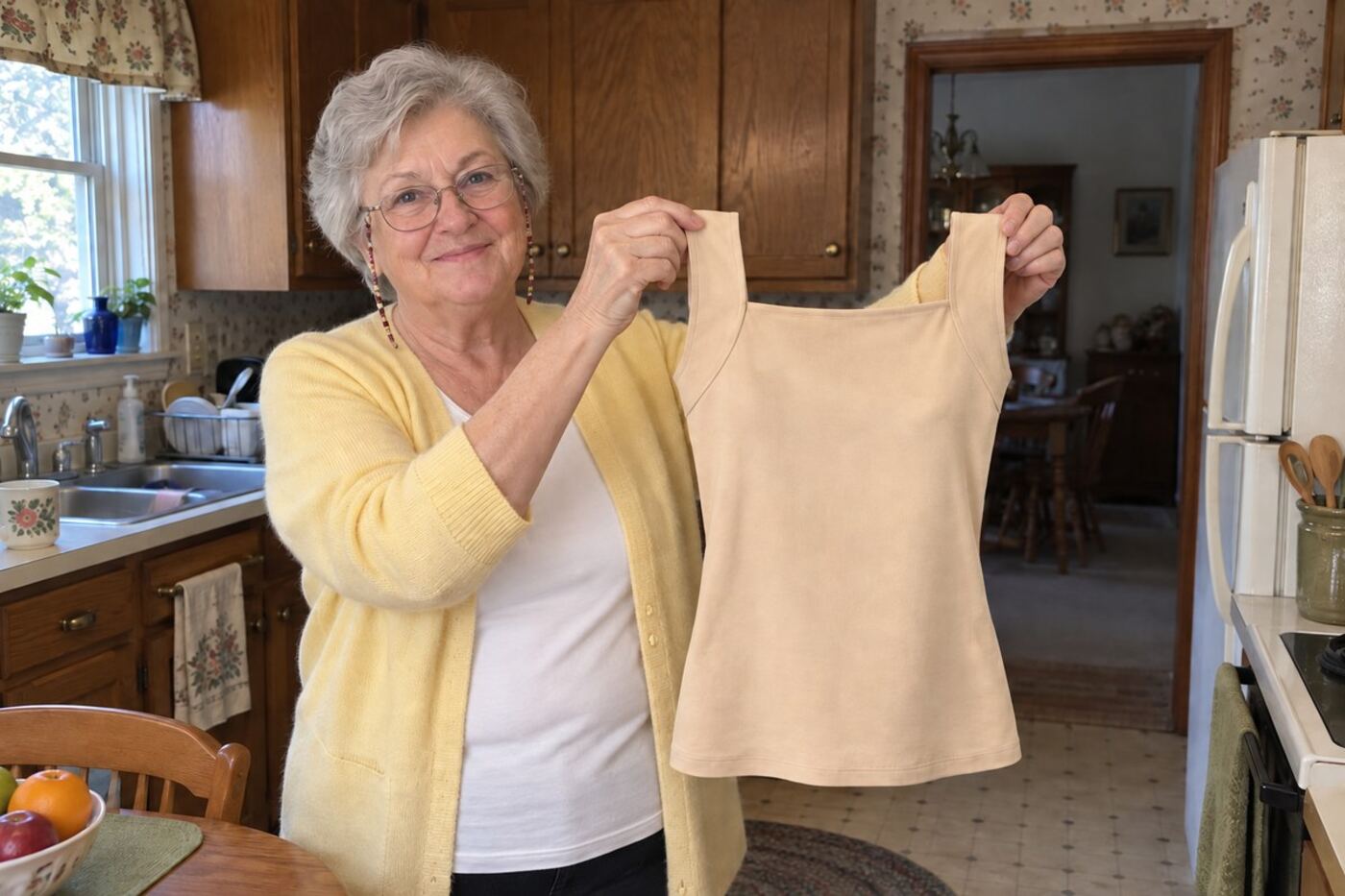 Woman holding a beige built-in bra tank top in a kitchen.